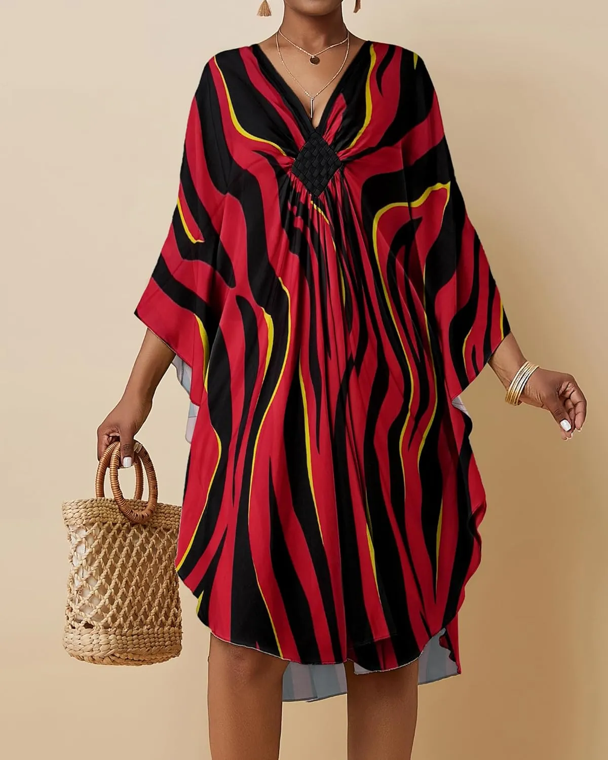 Bsubseach Short Kaftan Dresses for Women 2025 Plus Size Swimsuit Cover Up V Neck Caftan Beach Dress Loungewear