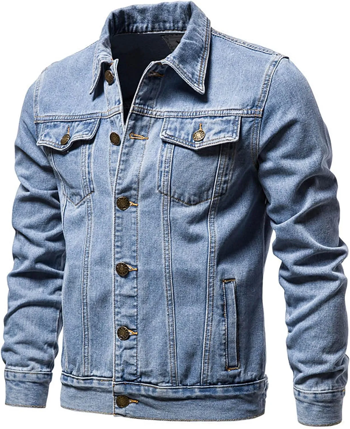 Button Down Jean Jacket for Men Classic Fit Lapel Collar Bomber Jacket Casual Long Sleeve Trucker Style Denim Jackets