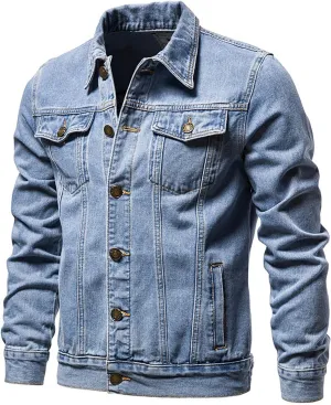 Button Down Jean Jacket for Men Classic Fit Lapel Collar Bomber Jacket Casual Long Sleeve Trucker Style Denim Jackets