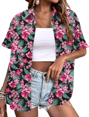 LOMON Women's Summer Hawaiian Shirts Floral Short Sleeve Button Down Shirts Hawaii Tropical Beach Tops Outfits