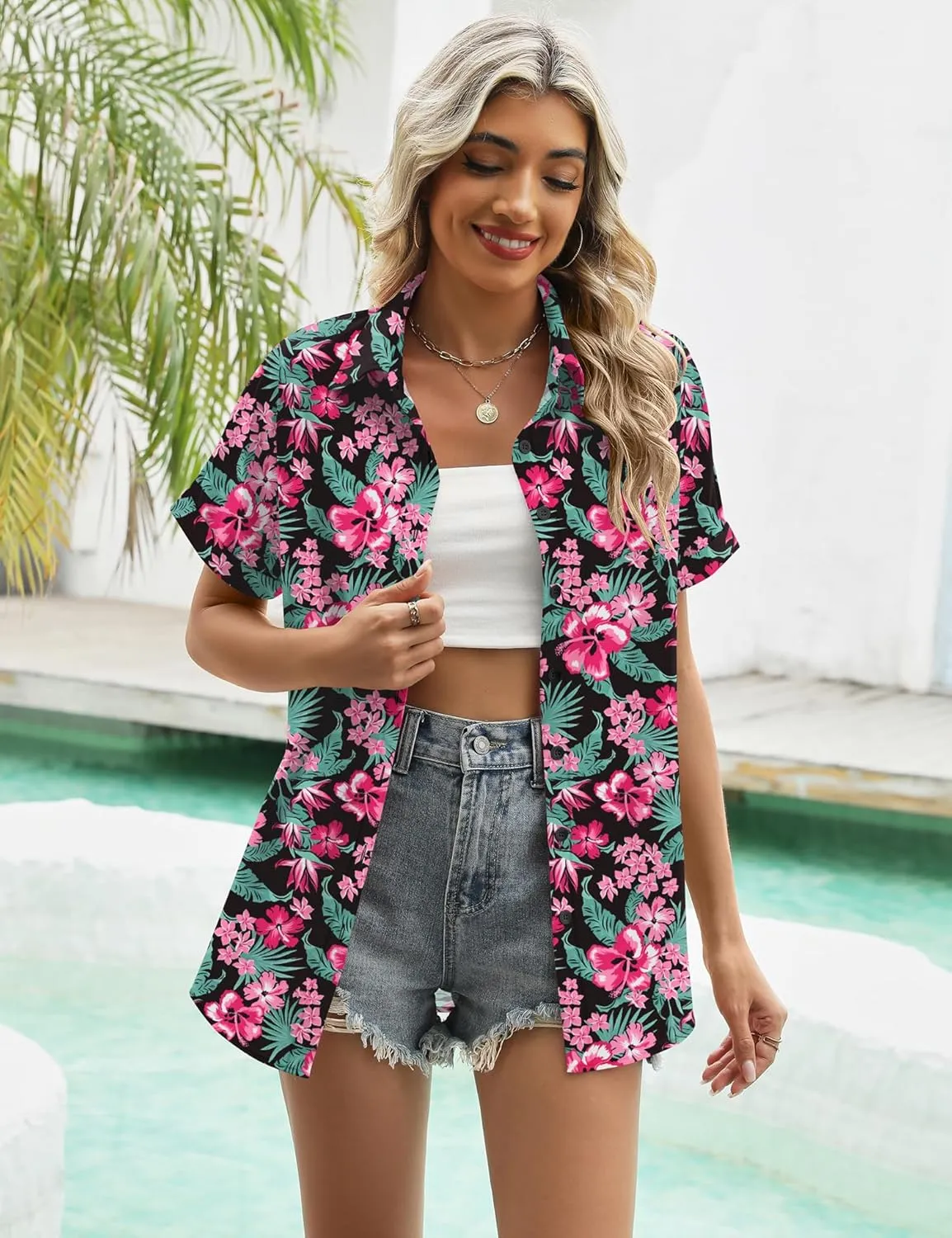 LOMON Women's Summer Hawaiian Shirts Floral Short Sleeve Button Down Shirts Hawaii Tropical Beach Tops Outfits