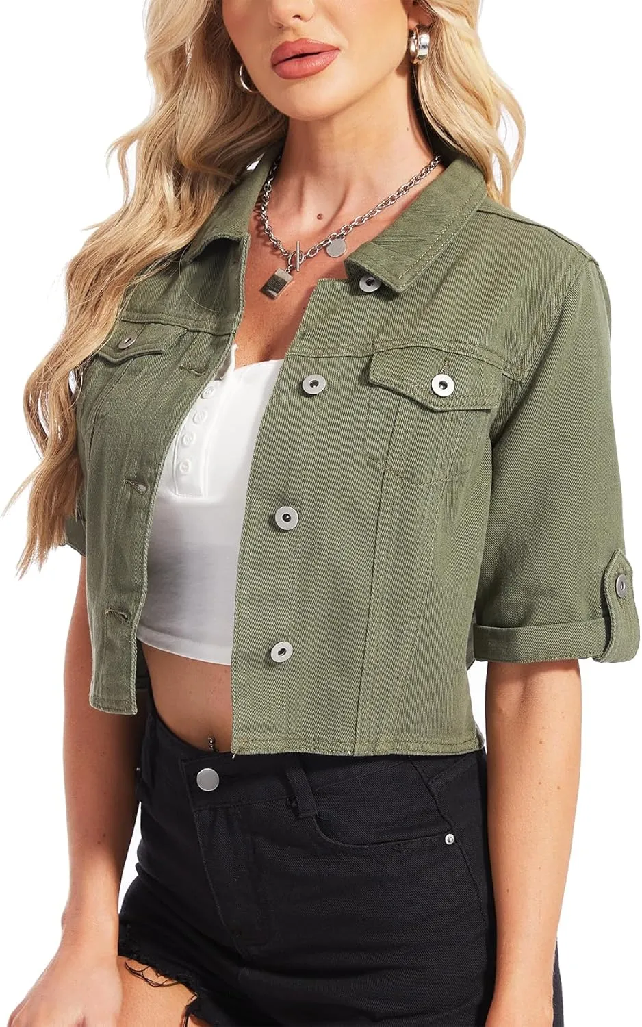 MISS MOLY Women's Cropped Denim Jackets Summer Short Sleeve Classic Casual Jean Jackets