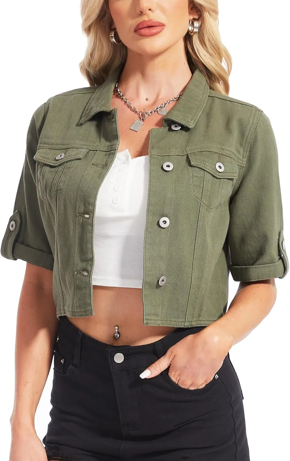 MISS MOLY Women's Cropped Denim Jackets Summer Short Sleeve Classic Casual Jean Jackets
