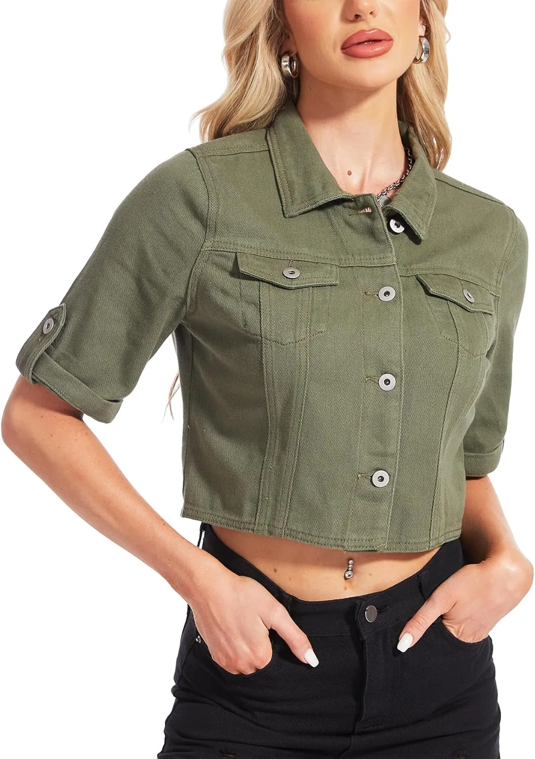 MISS MOLY Women's Cropped Denim Jackets Summer Short Sleeve Classic Casual Jean Jackets