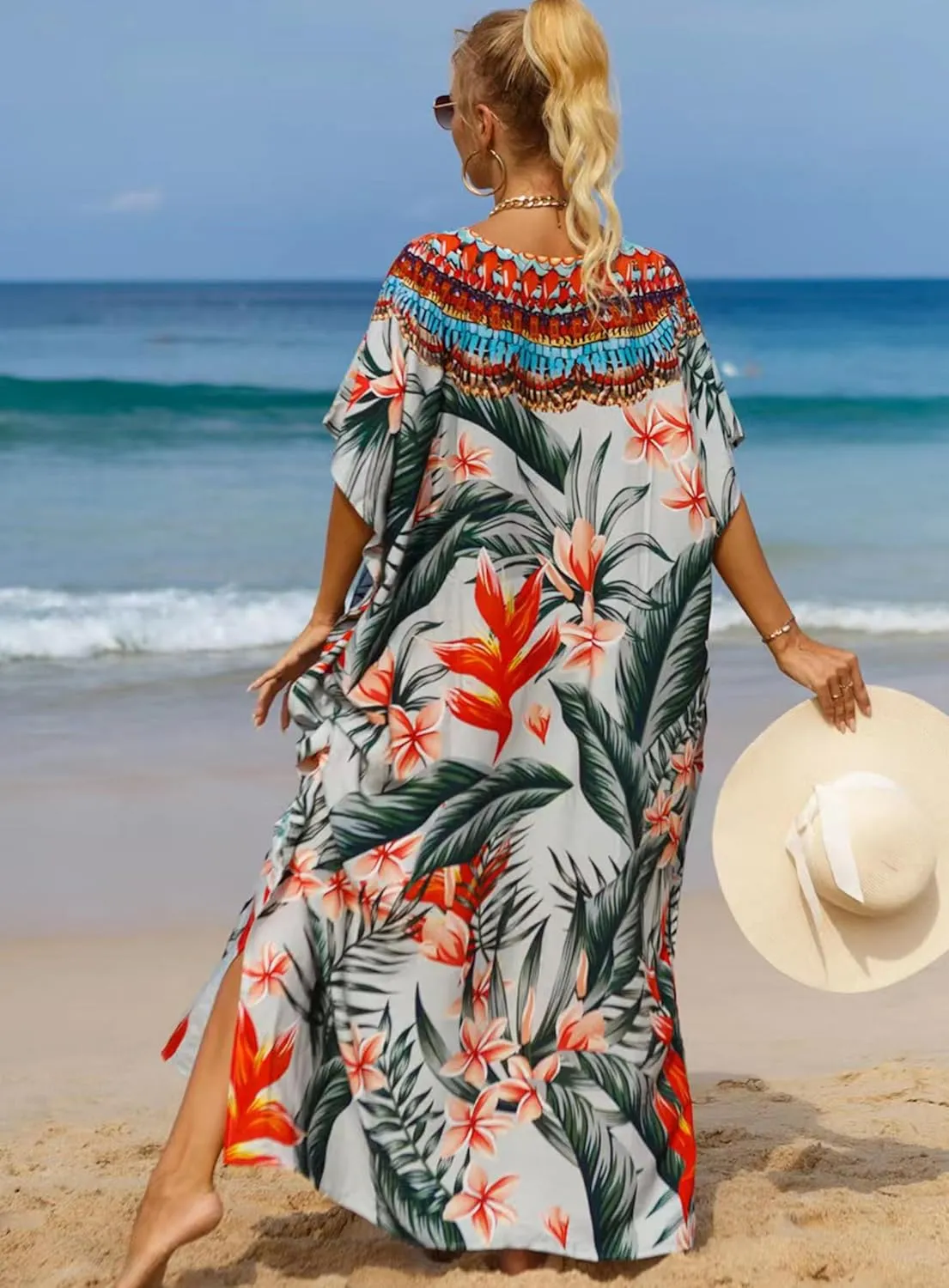 Women's V-Neck Batwing Sleeve Kaftan Dress Lightweight Beach Swimwear Cover Up for Mumu Tropical Vacation