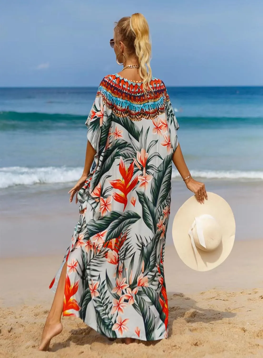 Women's V-Neck Batwing Sleeve Kaftan Dress Lightweight Beach Swimwear Cover Up for Mumu Tropical Vacation