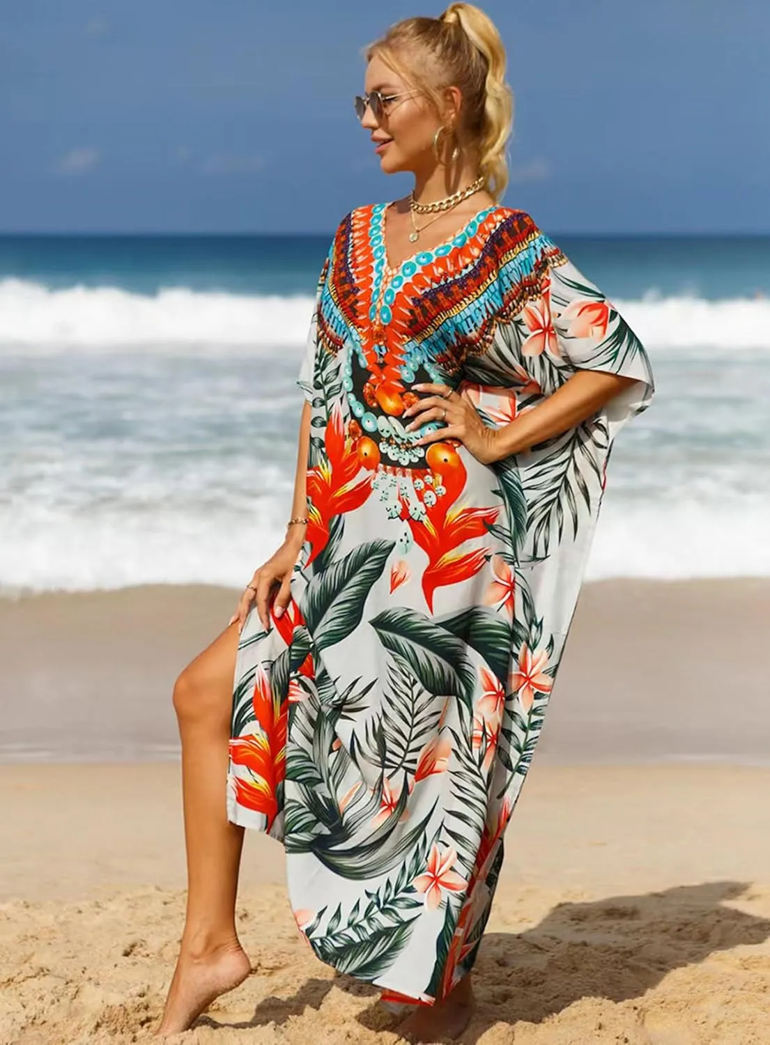 Women's V-Neck Batwing Sleeve Kaftan Dress Lightweight Beach Swimwear Cover Up for Mumu Tropical Vacation