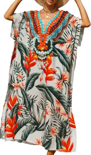 Women's V-Neck Batwing Sleeve Kaftan Dress Lightweight Beach Swimwear Cover Up for Mumu Tropical Vacation