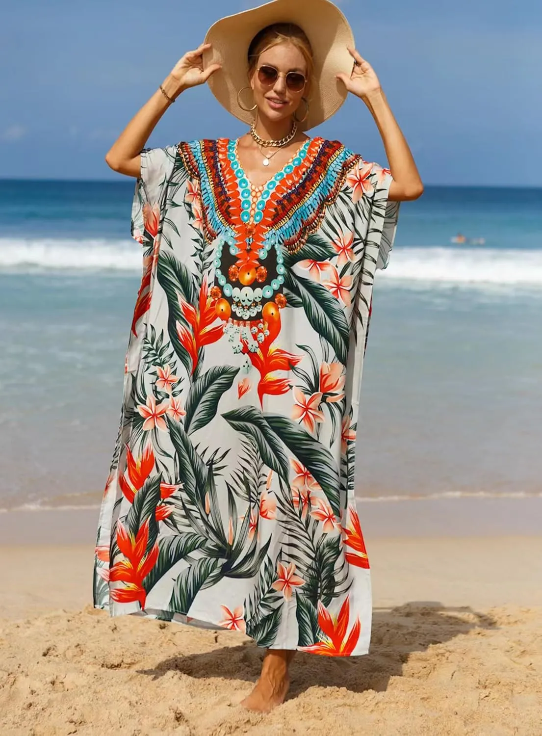 Women's V-Neck Batwing Sleeve Kaftan Dress Lightweight Beach Swimwear Cover Up for Mumu Tropical Vacation