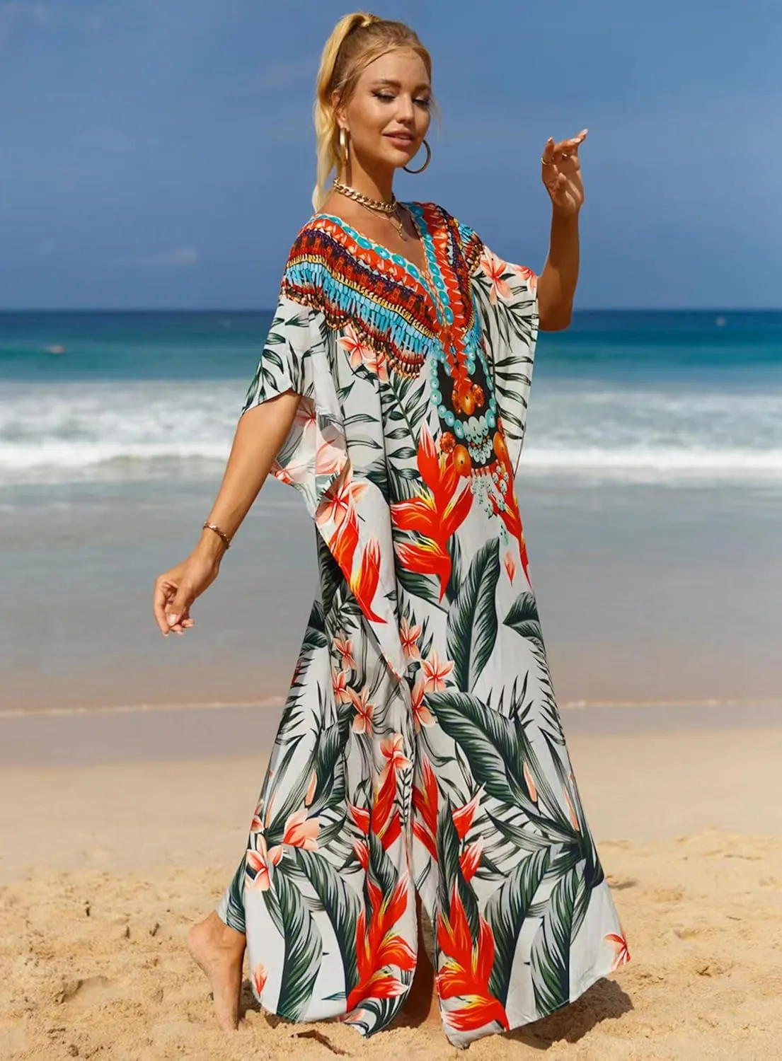 Women's V-Neck Batwing Sleeve Kaftan Dress Lightweight Beach Swimwear Cover Up for Mumu Tropical Vacation